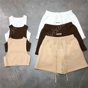 Essentialshoodie Men Sporty Solid Letter Two Piece Set Women Ribbed Skinny Tank Tops Casual Bandage Shorts Matching Female Tracksuit Es 8159 5224