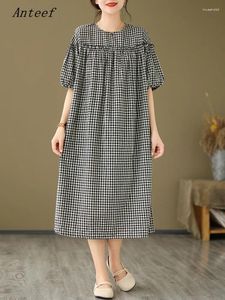 Party Dresses Short Sleeve Oversized Cotton Linen Vintage Plaid In For Women Casual Loose Long Summer Dress Elegant Clothing 2024