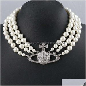 Pendant Necklaces Western Empress Dowagers Necklace With Three Layers Of Pearl Fl Diamond Collar Chain Pinduo Drop Delivery Jewelry Ne Dhq5H