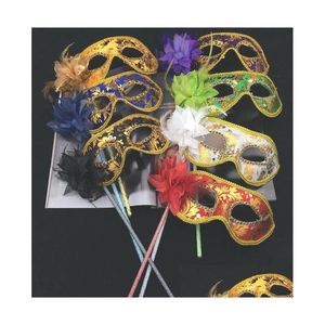 Party Masks New Venetian Masquerade Fancy Dress Mask On Stick Mardi Gras Costume Eyemask Printing Halloween Hand Held Festive Drop Del Dh2Ol