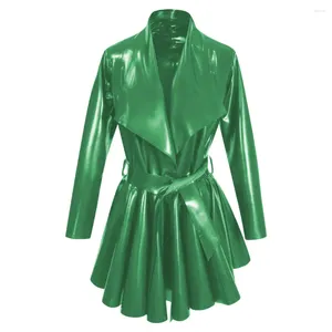 Mulheres Trench Coats Moda PVC Mangas Compridas A-Line Cinto Grande Lapela Vestido Plissado Hem Mid-Length Jackets Womens Roupas Open Stitch Lady