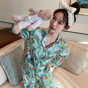 Spring New Pajamas Women's Ice Silk Long sleeved Flip Collar Intoxicating Forest Home Fury Set
