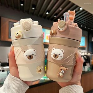 Water Bottles 450ML Cute Bear Double Drink Thermos Coffee Mug With Straw Portable Stainless Steel Tumbler Insulated Cup Bottle For Kids
