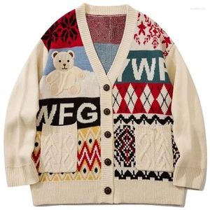 Suéter masculino urso bordado cardigan suéter para homens 2024 inverno estilo japonês desenhos animados hip hop solto mulheres malhas casacos vintage