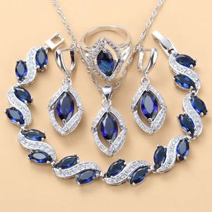 925 Mark Silver Color Wedding Dress Accessories Women Bridal Necklasce And Earrings Jewelry Sets Zircon Blue Bracelet Ring Sets 240123