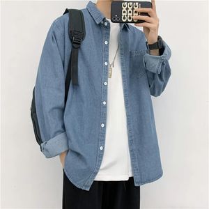 Männer Denim Shirts Langarm Frühling Herbst Mode Vintage Jacken drehen-unten Kragen Tops Einfarbig Männlich Casual Lose mäntel 240201