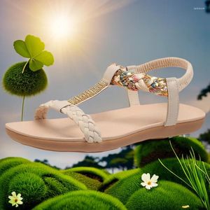 Sandals Women's 2024 Open-toe Bohemian Flat Shoes Summer Rhinestone Cowhide Soft Bottom Elastic Strap