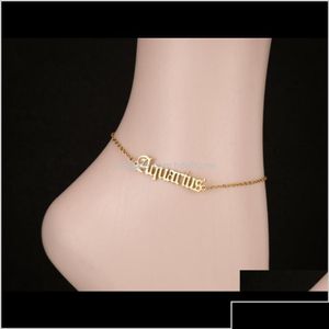 Anklets Anklets Drop Delivery 2021 12 Zodiac Ankle For Hip Hop smycken Kvinnor Konstellation Guld Justerbar anklet rostfritt stål BRAC DHBGU