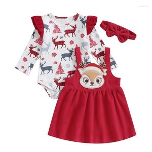 衣類セットクリスマス幼児の女の子の服装プリントリブロンパーとコーデュロイサスペンダードレスかわいいヘッドバンドフォールドレス