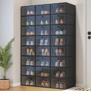 3 pçs caixa de sapato transparente organizador plástico engrossado dobrável caixa de armazenamento à prova de poeira combinação empilhável armário de sapato 240125