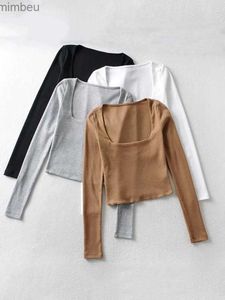 Women's T-Shirt Women Cotton Ribbed Square Neck Crop Top With Long Sleeve L240201