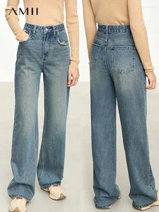 Jeans femininos amii minimalismo baggy mulheres 2024 outono escritório senhora solta reta retro comprimento total algodão denim calças 12343281