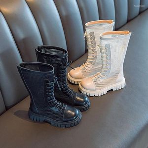 Botas menina verão oco para fora plataforma de cano médio respirável moda preto branco crianças bota longa 27-37 rendas crianças sapatos