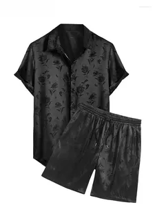 Men's Tracksuits Two Piece Set Jacquard Silky Satin Floral Print Rose Pattern Short Sleeve Shirt With Elastic Mid-waist Shorts S-5XL