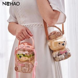 Water Bottles 1 Liter Cartoon Bear Bottle Cute Drinking Cup Plastic With Straw Portable Children Strap Kettle