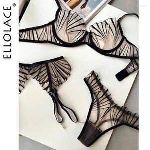 Conjuntos de sutiãs Ellolace Fantasia Lingerie para Mulheres Transparente Lace Bordado Garter 3-Peça Sexy Underwear Sheer Bra Intimate Kits Bilizna Set