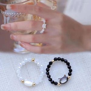 Wedding Rings 1/2pcs Natural Moonstone Obsidian Beads Fidget Ring Handmade Cute Black White Cat Women Party Accessories Jewelry