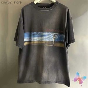 Men's T-Shirts Saint Michael Tshirts Vintage Sky Washed Worn Hole Cotton Short Sleeves Causal Loose Fashion Street Oversized Men Women T-shirts Q240201