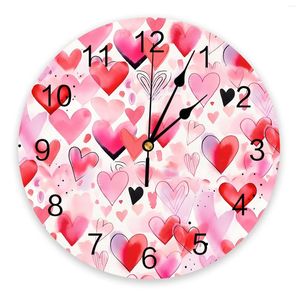 ウォールクロックバレンタインデー水彩ラブハンド描画印刷された時計モダンなサイレントリビングルームホームデコレーションハンギングウォッチ