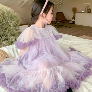 Girl Dresses TuTu Gilr Purple Dress Summer Short Sleeve Sequins Patchwork Bow Children Elegant Mesh Kids Party Wz697