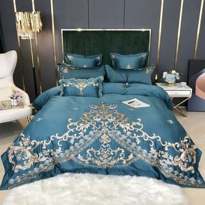 Estilo europeu conjunto de cama luxo ouro real bordado azul cetim duplo capa edredão algodão puro lençóis fronhas conjunto 240131