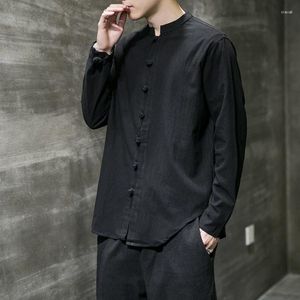 Men's Casual Shirts 2024 Linen Men Clothing Chinese Style Long Sleeve Retro Buttoned Shirt Solid Color Stand-up Collar Loose Plus Size Tops