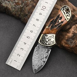 1Pcs 2024 New Damascus Pocket Folding Knife Drop Point Blade Cow Bone with Brass Head Handle Small EDC Folder Knives Best Gift