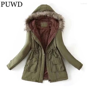 Women's Trench Coats PUWD Women Fur Collar Hooded Drawstring Cotton Jacket 2024 Spring Warm Solid Pocket Long Sleeve Parka Loose Female Chic