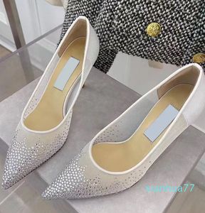 Designer - Sapatos de salto alto de noiva na moda, bico fino, salto agulha, cristal branco, sapatos de casamento