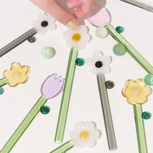 Spoons Flower Spoon Handmade Glass Stirring Dessert Stick Birthday Gift Support Purple Green Long Model