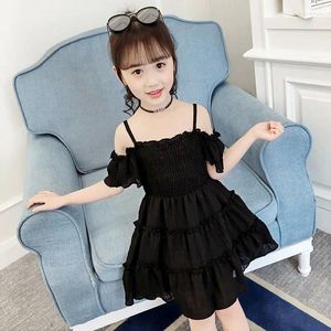 Girl Dresses 2024 Summer Girls Lace Mesh Braces Dress Knee Off Shoulder Teenager Princess Teen Party Slip Kids Clothes 6 8 12 Years