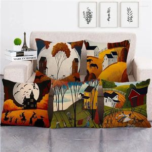 Pillow Beautiful Country Town Printing Decor Cover Retro Oil Painting Style Linen Square