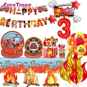 Party Decoration Firefighter Firetruck Birthday Balloons Disposable Tableware Plates Cups For Kids Boys Fireman Favors Toy