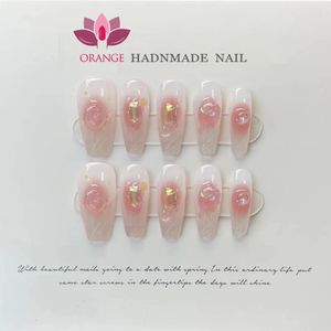 Tryck på naglar Tips Gel Full Cover With Design Y2K False Nails Handgjorda Högkvalitativa bärbara ballerina Medium Artificial Nail 240201