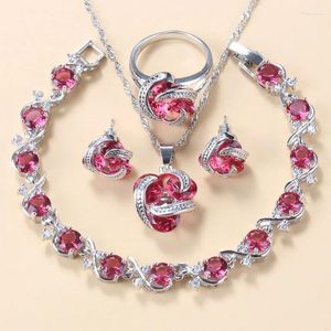 Set di orecchini per collana, accessori da sposa da donna in 12 colori, set di braccialetti e anelli da donna in cristallo rosso rosa