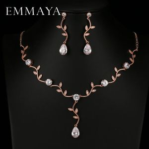 Emmaya Rose Gold Color Zircon Crystal Bridal Jewelry Set Leaf Shape Choker Halsbandörhängen Bröllopsprydnad för kvinnor 240123