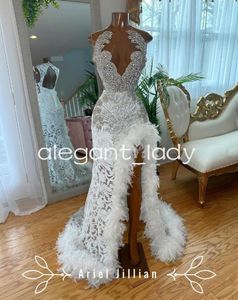 Branco brilhante africano vestidos de recepção de noite para mulheres luxo diamante cristal Fearher fenda vestido de baile vestidos de gala