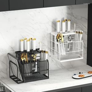 Kitchen Storage Light Luxury Wall Mounted Countertop Shelf Knife Holder Chopsticks Fork Spoon Cutting Board Drainage Rack