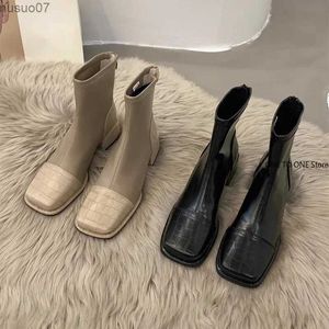 Stivali Autunno Inverno Punta quadrata Stivaletti con tacco medio britannico Stivali con tacco spesso marroni Stivali elastici da donna Stivaletti Stivali da donna Scarpe alte