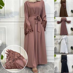 Abbigliamento etnico 1 Pz Fiore di Colore Solido Cerniera Del Merletto Del Vestito Delle Donne Abaya Jilbab Caftano Lungo Musulmano Dubai Abaya Cardigan Robe