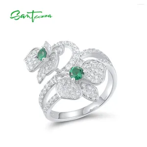 Cluster Rings SANTUZZA Pure 925 Sterling Silver For Women Sparkling White CZ Green Spinel Flower Wedding Engagement Party Fine Jewelry