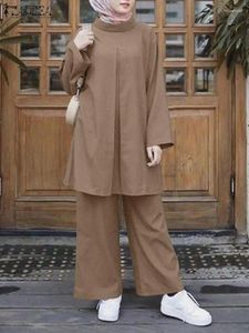 Этническая одежда 2024 ZANZEA Элегантные однотонные блузки с длинными рукавами Комплекты с широкими брюками Костюм Мусульманская турецкая Абая Свободный кафтан Isamic Fashion