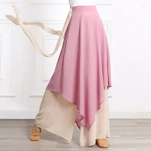 Сценическая одежда 2 слоя классических танцевальных брюк контрастного цвета, шифоновые широкие брюки Plazza, китайская юбка для народных танцев, струящаяся рифма, наряд XL