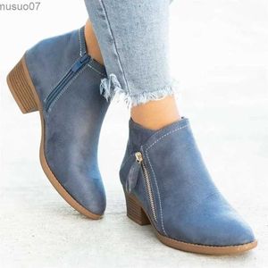 Boots Vintage New Womens Ankle Boots 2023 Autumn Plus Size Chunky Heel Shoes for Women Side Zipper Flock Ladies Heeled Short Boots