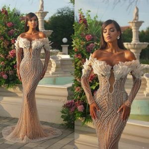 Black Girls Mermaid Wedding Dresses Off Shoulder Lace Appliques Robe De Soiree Boho Bridal Gowns Beads Nude Bride Dress