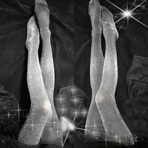 Women Socks 2024 Summer Thin Super Shiny Silver Silk Stockings Sexy Open Crotch Party Club Sheer Pantyhose Tights