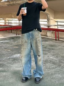 オリジナルのACカジュアルパンツ染色された洗浄ブルージーンズカジュアルフレアロングロングパンツ男性ゆるいマルチポケットワークウェアパンツ