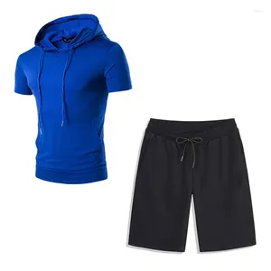 Tracki męskie Summer Men Tracksuit z kapturem z kapturem krótkie rękawe i szorty Dwa kawałki ustawiają solidny kolor swobodny oddychający męski joggery