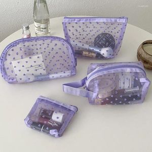 Aufbewahrungsbeutel, violette Serie, Herzdruck, transparente Netztasche, tragbarer Kosmetik-Organizer, Make-up-Tasche, Badezimmer, Hautpflege, Toilettenartikel-Set