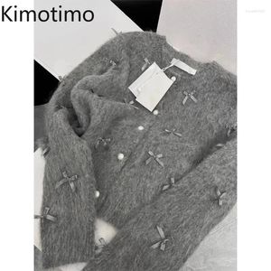 Women's Knits Kimotimo Grey Bow Sweater 2024 Autumn Winter Women Temperament High Grade Soft Glutinous Mohair Knitted Cardigan Fragrant Coat